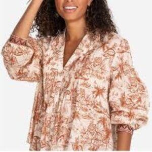 Johnny Was Jade Pintuck Shirt Ivory and Brown Toile Embroidered Slv Sz L